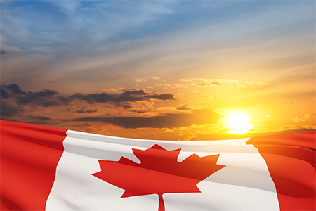 Canada national flag waving on sunset sky. Canada day. 3d rendering.