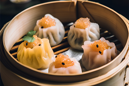 steamed dumplings in bamboo steamer