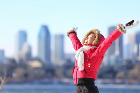 happy woman in canada parka