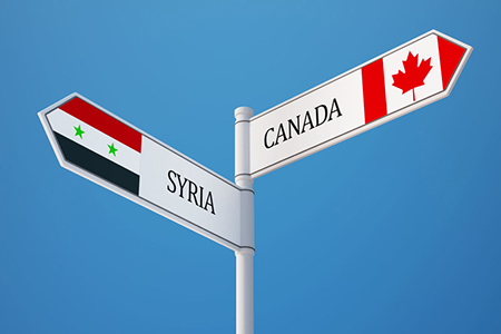 canada and syria flags - signs pointing different directions