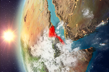 Eritrea as seen from space on planet Earth during sunset. 3D illustration.