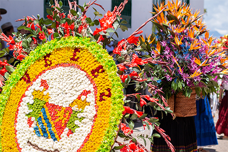 Colorful handmade floral decorations forming figures