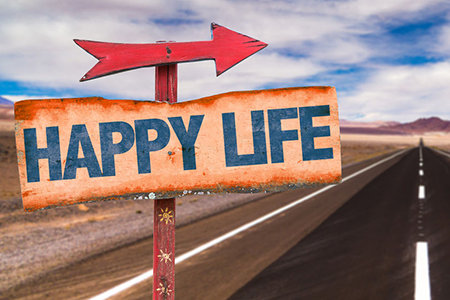 Happy life sign with arrow on a highway background