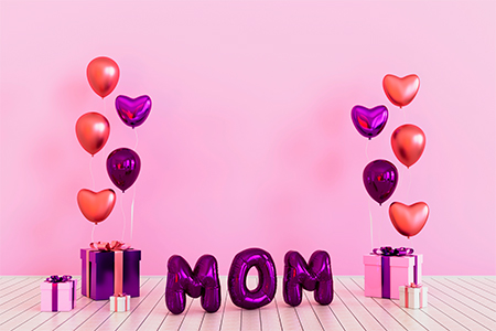 mothers Birthday decoration background with gift box, balloon, mom text