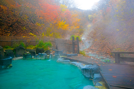 Japanese Hot Springs Onsen Natural Bath Surrounded by red-yellow leaves. In fall leaves fall in Yama