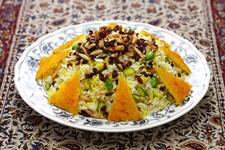 zereshk polo with tahdig, saffron barberry rice with scorched rice, iranian persian cuisine