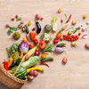 studio photography of different fruits and vegetables on wooden table