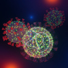 Mutated Omicron SARS-CoV-2 virus, foreground, and SARS-CoV-2 delta strain, background. Electron micr