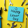 Concept of Happy Labor Day with different accessories on yellow background