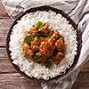 Indian food: Madras beef with basmati rice on the table. horizontal view from above