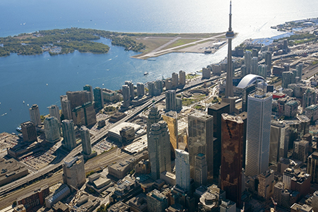 The towers of downtown toronto, canada, seen from just above yonge street.