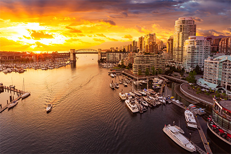 View of Burrard Bridge and False Creek in Downtown Vancouver, British Columbia