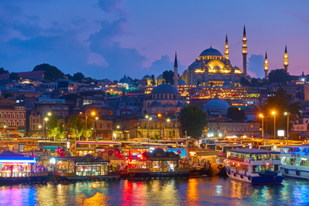 Istanbul, Turkey. View of the Golden Horn and the Suleymaniye Mosque at dusk.