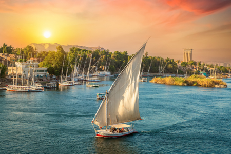 River Nile and boats at sunset in Aswan