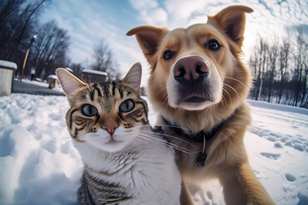 A cat and dog capturing a selfie during the winter