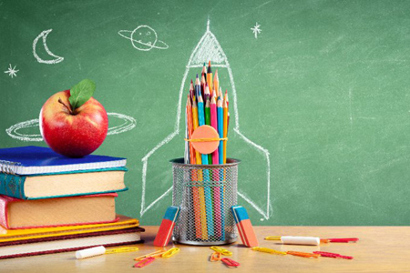 Back To School - Books And Pencils With Rocket Sketch