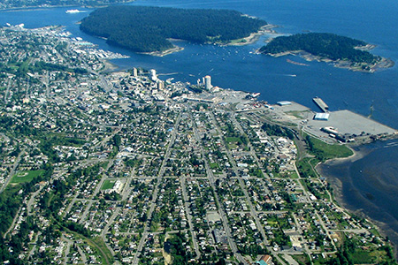 Aerial image of downtown Nanaimo BC with Newscastle Island and Protection Island