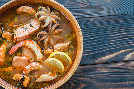 Bowl of Bouillabaisse - french soup with seafood