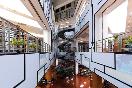 Inside the library hall and the revolving stairs