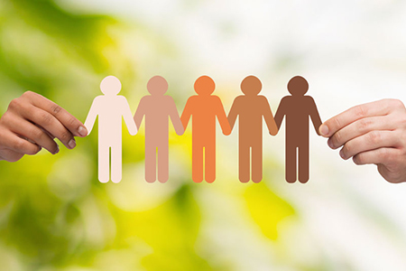 community, unity, people and support concept - couple hands holding paper chain multiracial people o