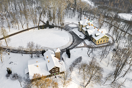 aerial view of houses in a town during winter