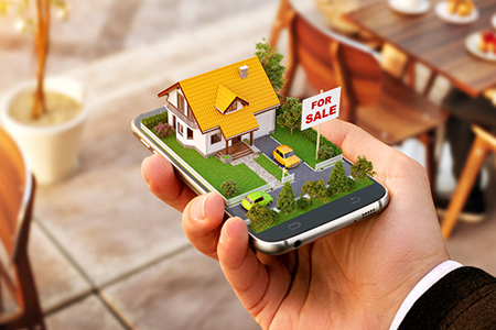 Smartphone application for online searching, buying, selling and booking real estate. Unusual 3D ill