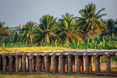 Ancient ruins of Hampi on sunset. Hampi, Karnataka, India