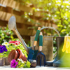 Gardening tools and flowers on the terrace in the garden. Watering can, rubber boots, garden tools, 