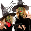 Scary green witches for Halloween with spiderweb over white background