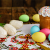 Happy Easter. Congratulatory easter background. Easter eggs and flowers