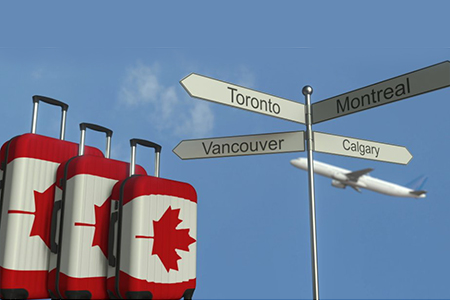 Travel baggage featuring flag of canada, airplane and city sign post. canadian tourism conceptual 3d