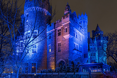 Casa Loma winter night illumination. historic castle in Toronto city. Ontario, Canada.