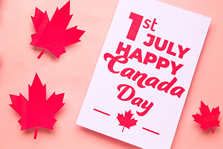 Card with text 1ST JULY HAPPY CANADA DAY, Maple leaves