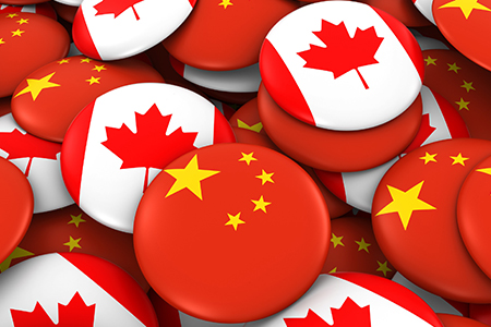 China and Canada Badges Background - Pile of Chinese and Canadian Flag Buttons 3D Illustration