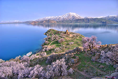 The Akhtamar Island in Lake Van with the 10th century en:Cathedral of the Holy Cross, Aghtamar.