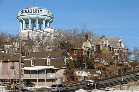 Sudbury street with water tower