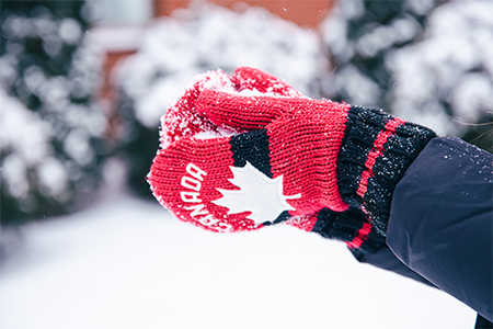 Close-up of hands in red Canada mittens make a snowball from snow on a blurred background with snow