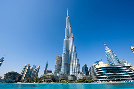 DUBAI, UNITED ARAB EMIRATES - JAN 02, 2018: The Burj Khalifa in the center of Dubai is the tallest b