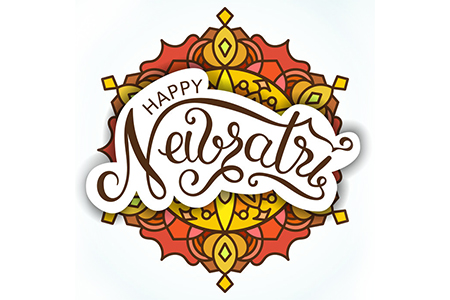 Happy Navratri hand drawn lettering. Calligraphy inscription. Indian holiday greting card.