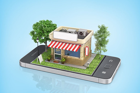 3d shop on mobile phone - online shopping concept