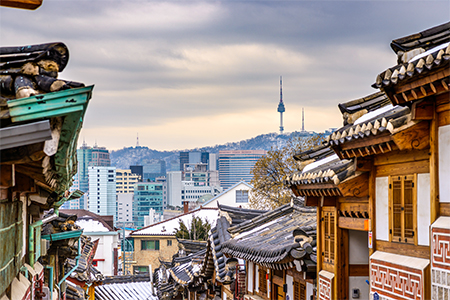 a arial view of Seoul, South Korea at the Bukchon Hanok historic district