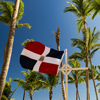 Dominican Republic flag waving in the wind against palm trees and blue sky