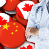 Doctor standing with stethoscope on China and Canada flags background