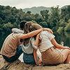 Friends in a natural lake in the forest