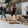 Close-up of a table with food and drinks in a cafe