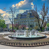 Fountain in the City garden in Odessa during the war in Ukraine on a sunny spring day