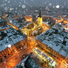 Picturesque christmas evening view on city center from top of town hall, Lviv, Ukraine.