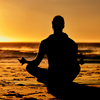 yoga and silhouette of man at beach outdoors for health and wellness