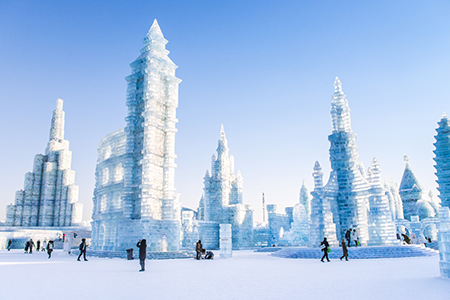 HARBIN, CHINA - JAN 2, 2019: Harbin International Ice and Snow Sculpture Festival is an annual winte