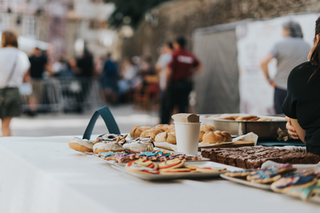 Close-up of a table with food and drinks in a cafe